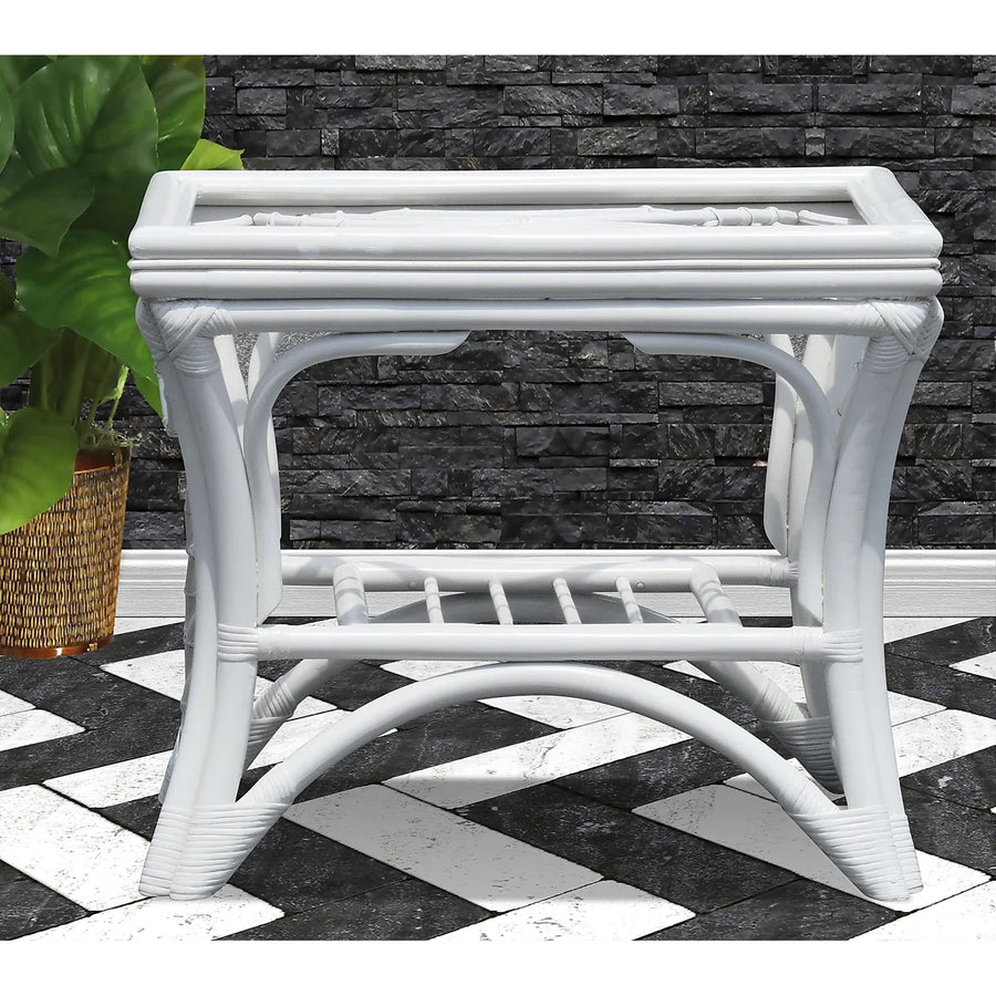 End view of the Bali end table in White, showing the slatted lower shelf and curved legs