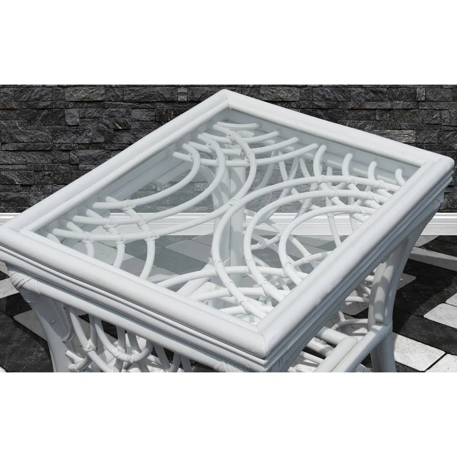 Close up of the Bali end table top in White, with rattan arcs under the glass
