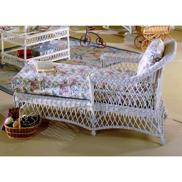 Bar Harbor chaise lounge in White with floral cushions in a sunroom