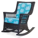 Legacy wicker patio rocking chair in black with turquoise coral print seat and back cushions