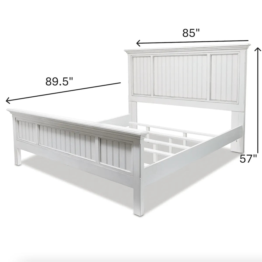 Monaco king bed in Blanc at an angle with its 85 inch width, 89.5 inch length and 57 inch height marked