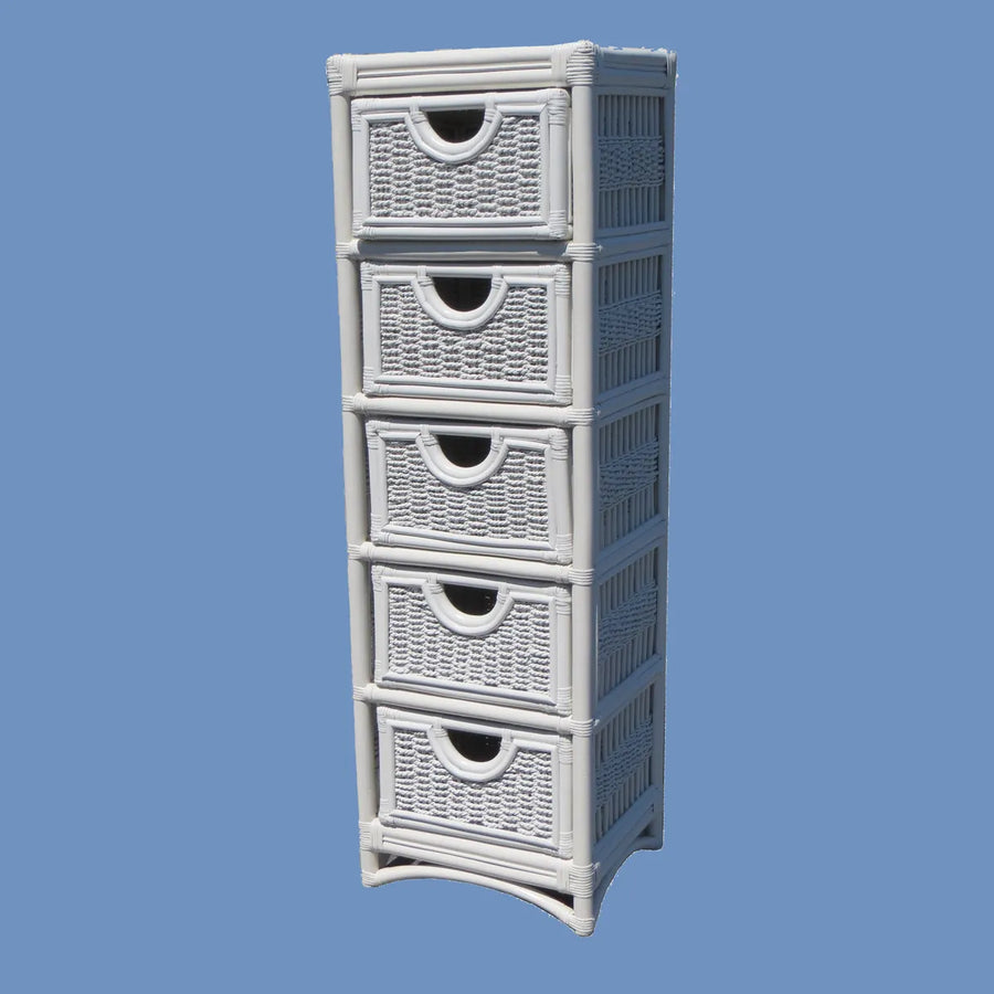 Regatta 5 drawer unit in white, the taller version with five woven drawers and half moon pulls