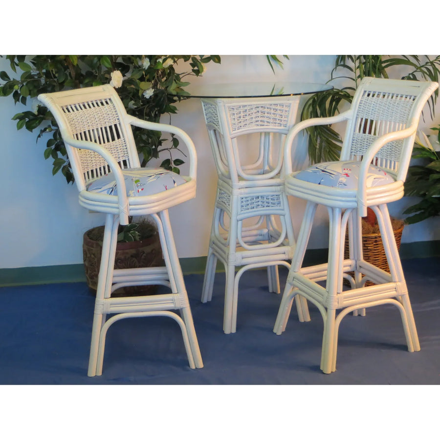 Regatta bar stools in White with blue sailboat print seat cushions at the matching bistro table