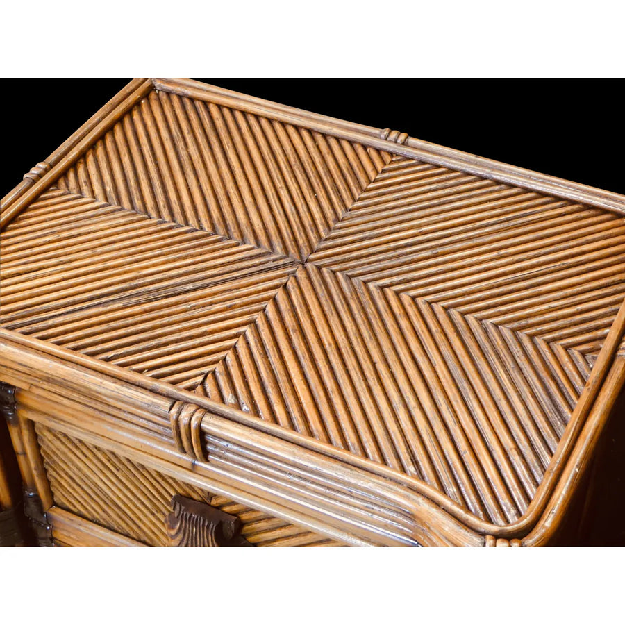 Close up of the Royal Palm night stand top, rattan strips woven on the diagonal in four sections
