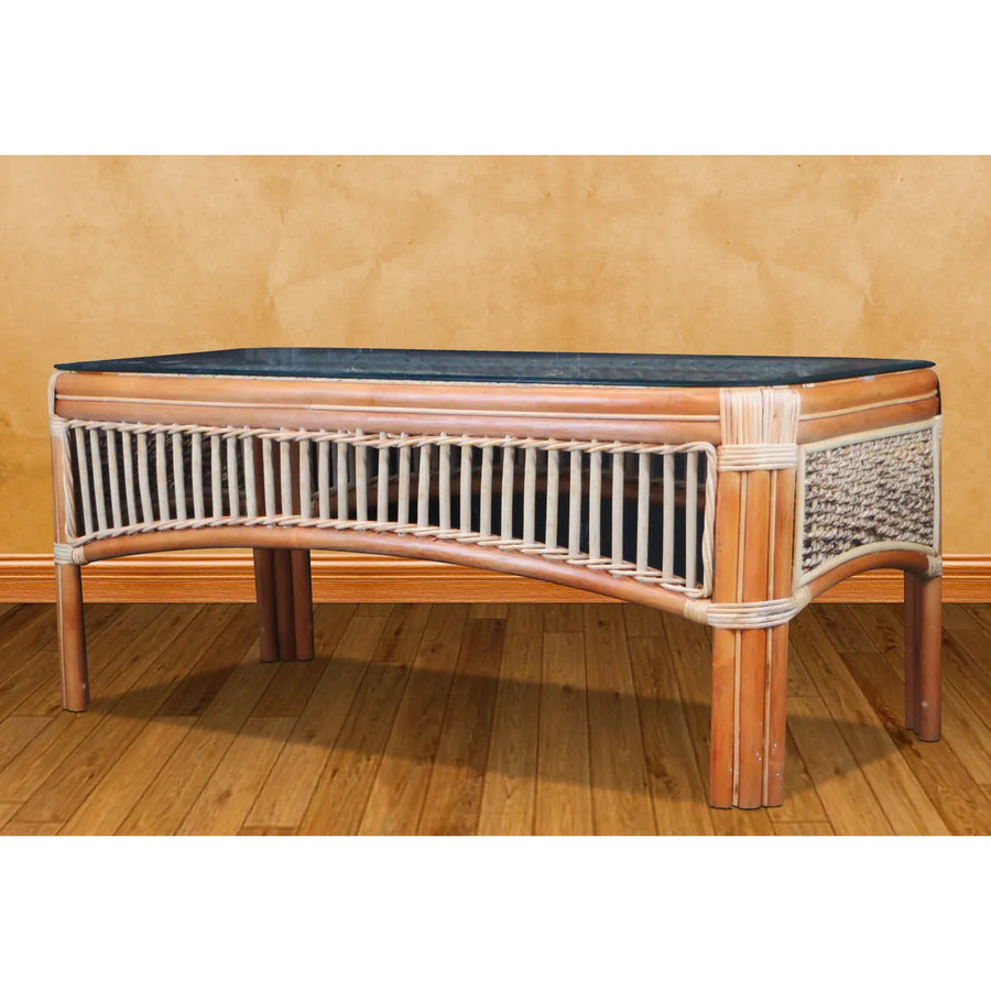 Seascape coffee table in natural with pale rattan spindles, a woven end panel and a glass top