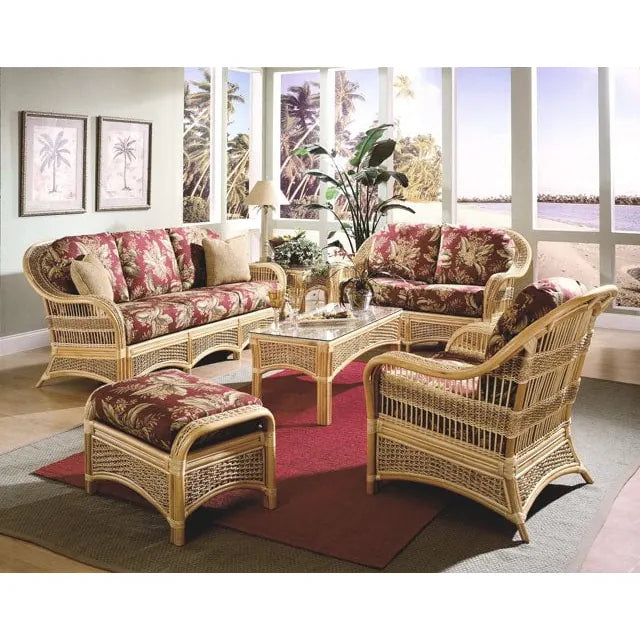 Spice Island seating in Natural with red floral cushions in a room with tall windows