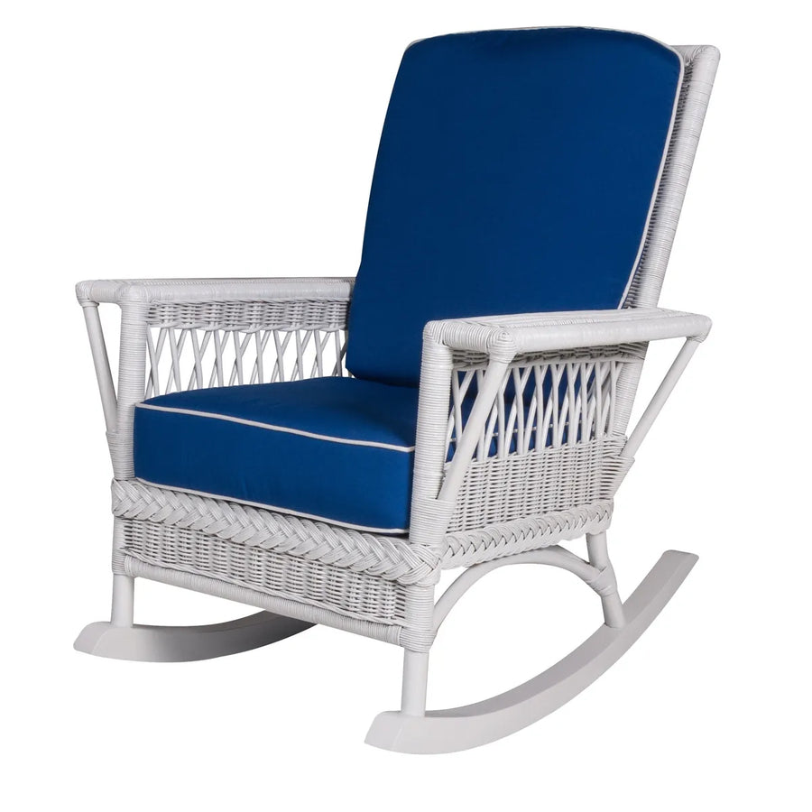 White Windsor Rocker with navy seat and back cushions piped in white