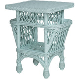 Wicker accent table with side pockets from Harbor Front in a pale aqua painted finish