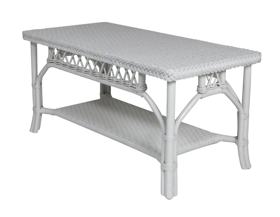White Windsor Coffee Table seen from the corner, showing the woven lower shelf