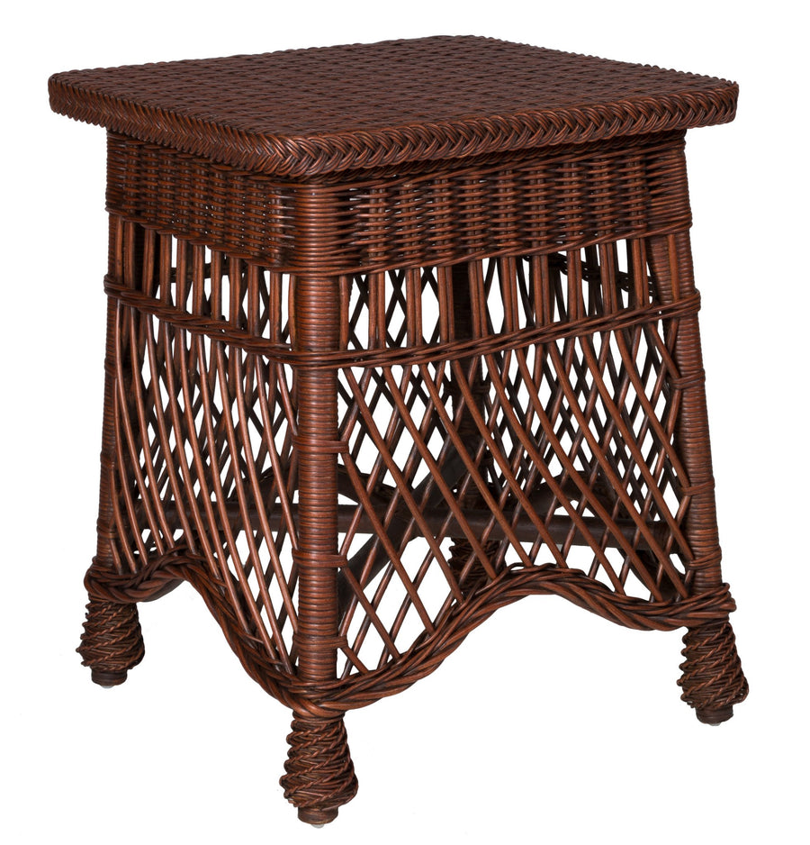 Naples End Table in a dark brown finish with a woven top and diamond lattice sides