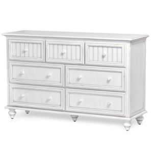 Monaco 7 drawer chest in Blanc with three beadboard drawers across the top