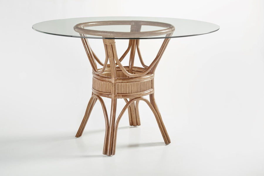 Bermuda rattan pedestal table in Pecan with a 42 inch round glass top