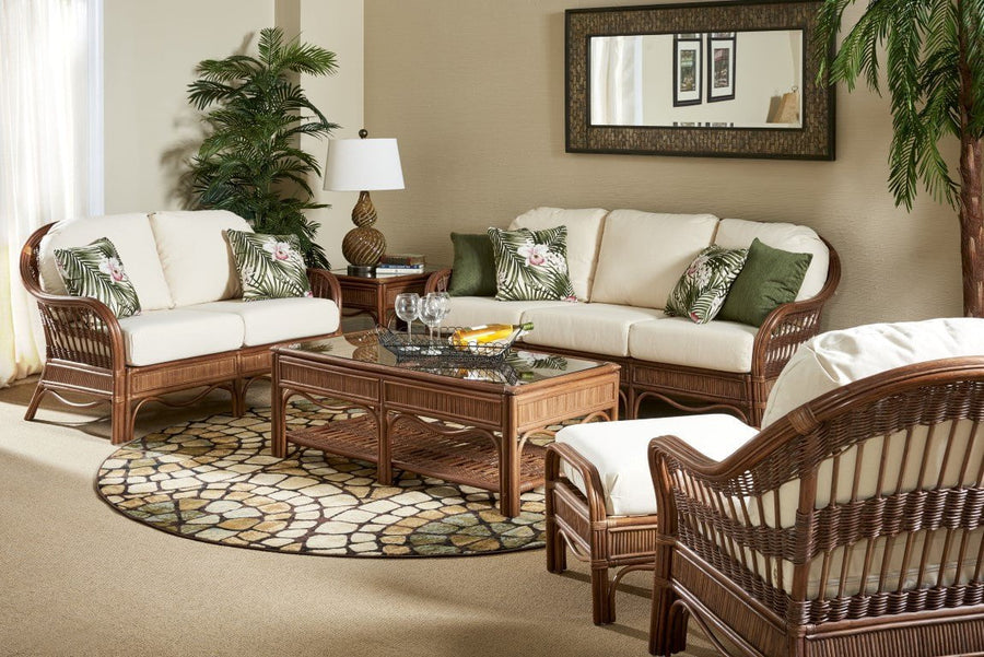 Pecan Bermuda living room with the ottoman in front of the armchair and coffee table