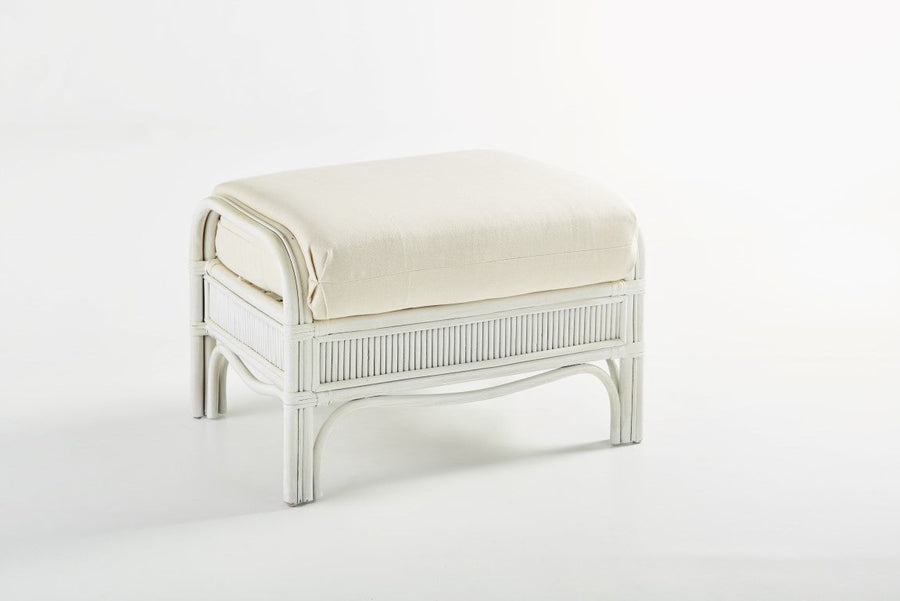 Bermuda Ottoman in Whitewash with a cream cushion and curved rattan ends