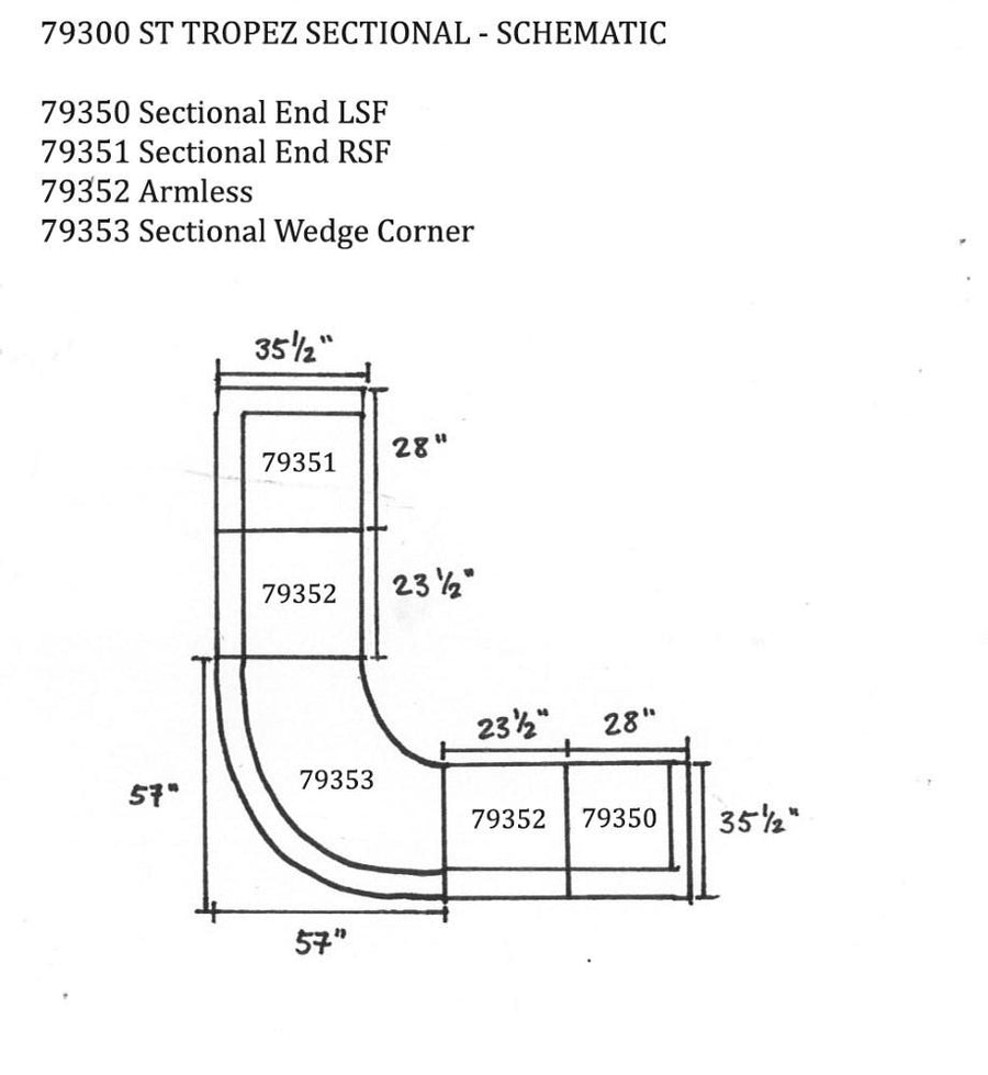 St. Tropez sectional schematic with item numbers and dimensions for each piece