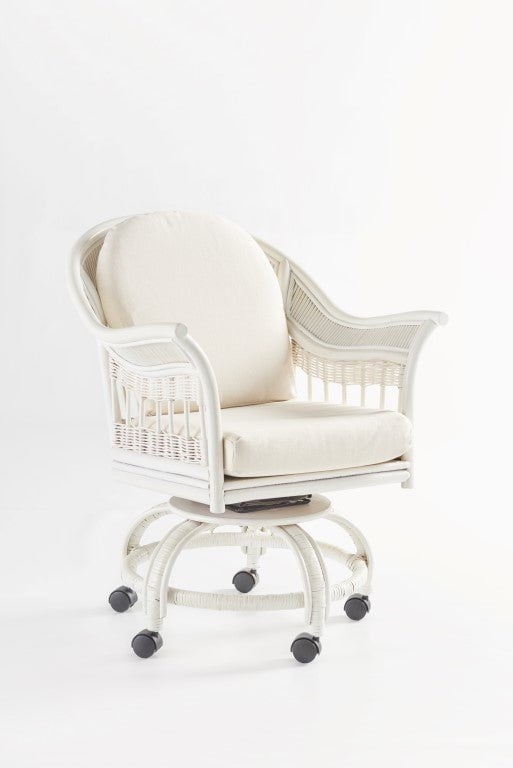 Bermuda Swivel Tilt Caster Chair in Whitewash with cream cushions and a round rattan base on casters