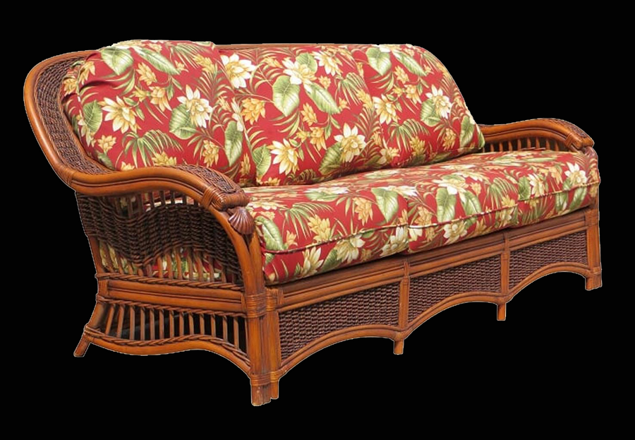 Seascape sofa in brownwash with red tropical floral cushions, three quarter view