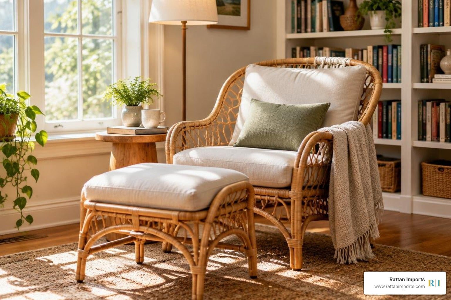 Kick Back in Natural Elegance with a Timeless Cane Chair and Footstool Duo