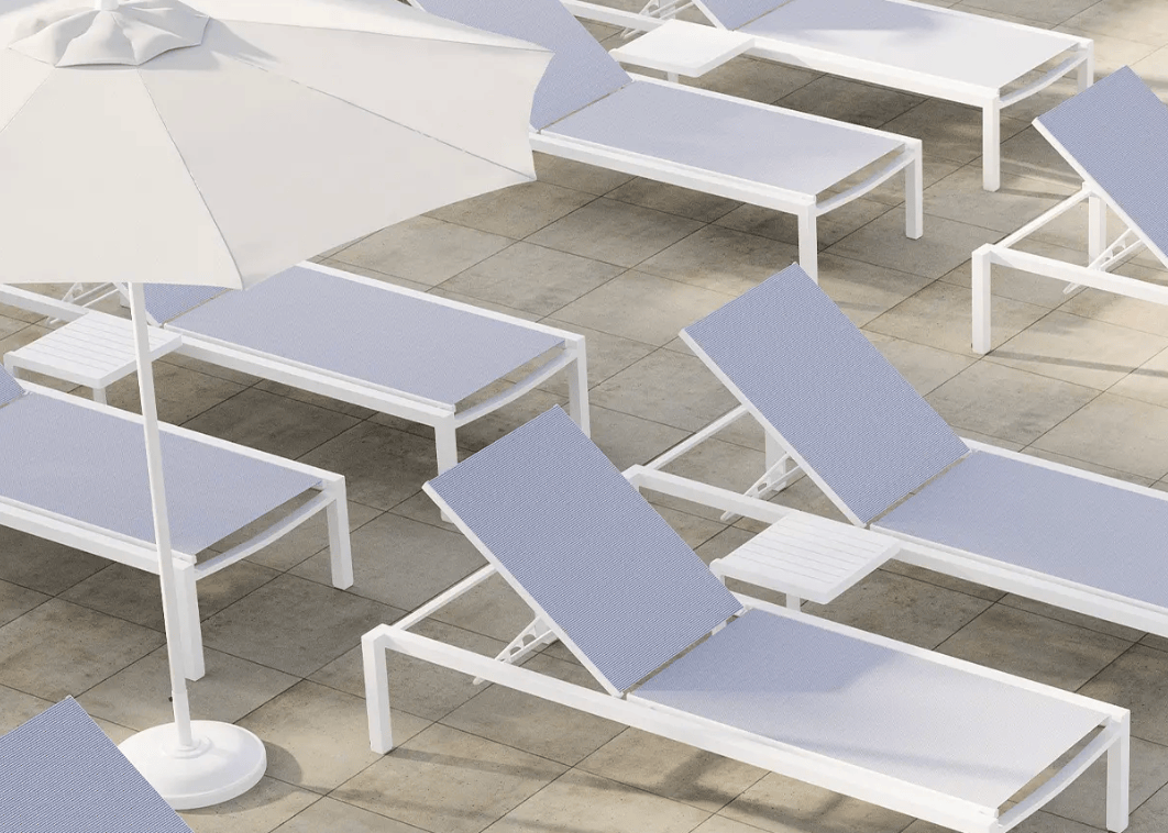 Deco Scape Fusion Collection Lounge chair white lounge chairs with blue cushions on a tiled floor 