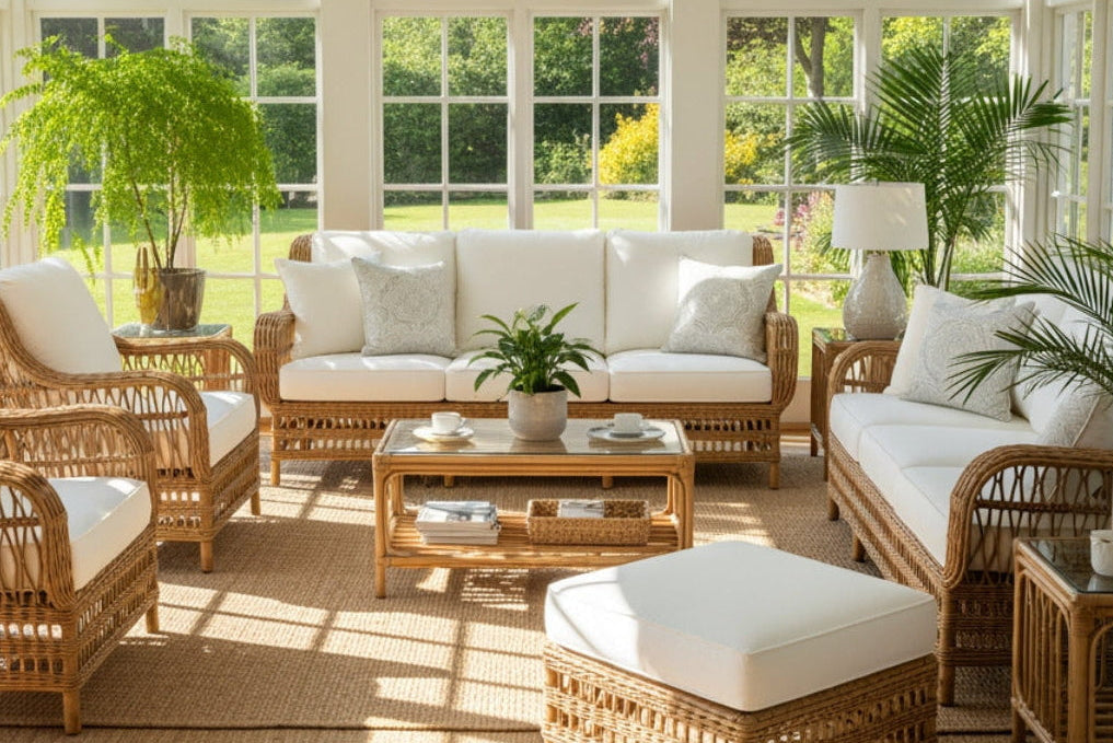 South Sea Rattan Bermuda set outdoor patio with wicker furniture, cushions, and plants on a sunny day.