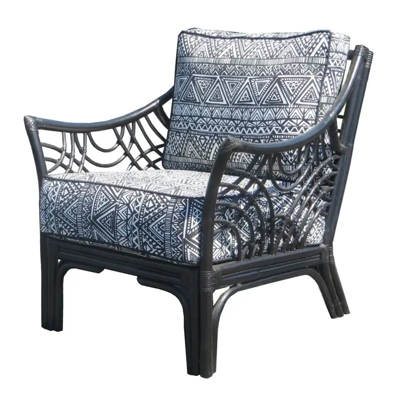 Bali arm chair in Black with navy and white geometric cushions, front view