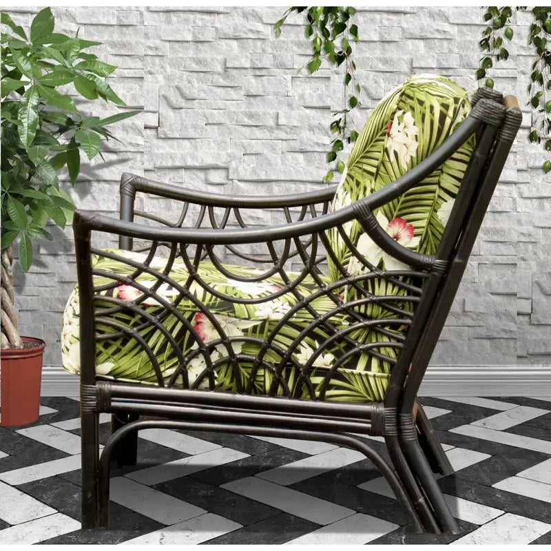 Side view of the Bali arm chair in Black, showing the curved rattan fretwork