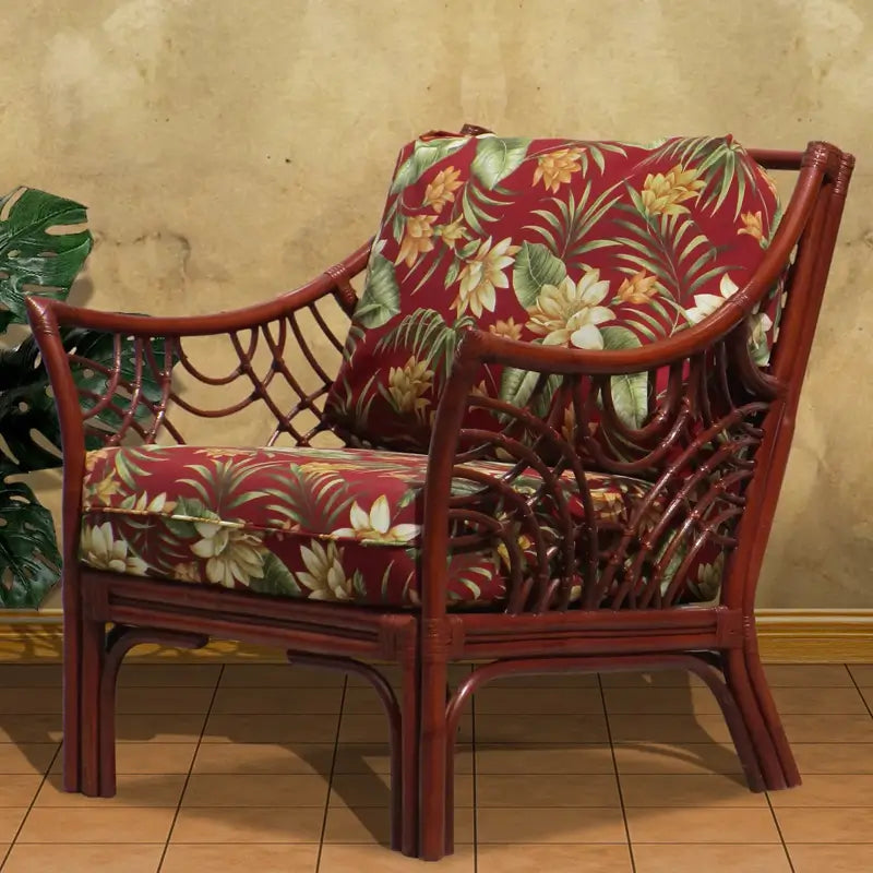 Bali arm chair in Brownwash with red tropical floral cushions