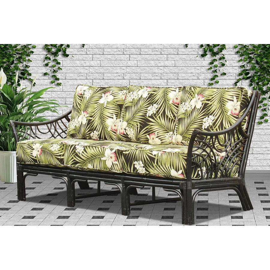Bali three seat sofa in Black with palm and orchid print cushions