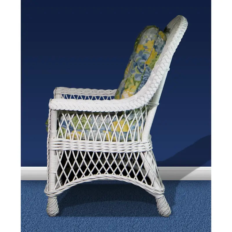 Side view of the Bar Harbor dining arm chair in White, showing the tall back and lattice sides