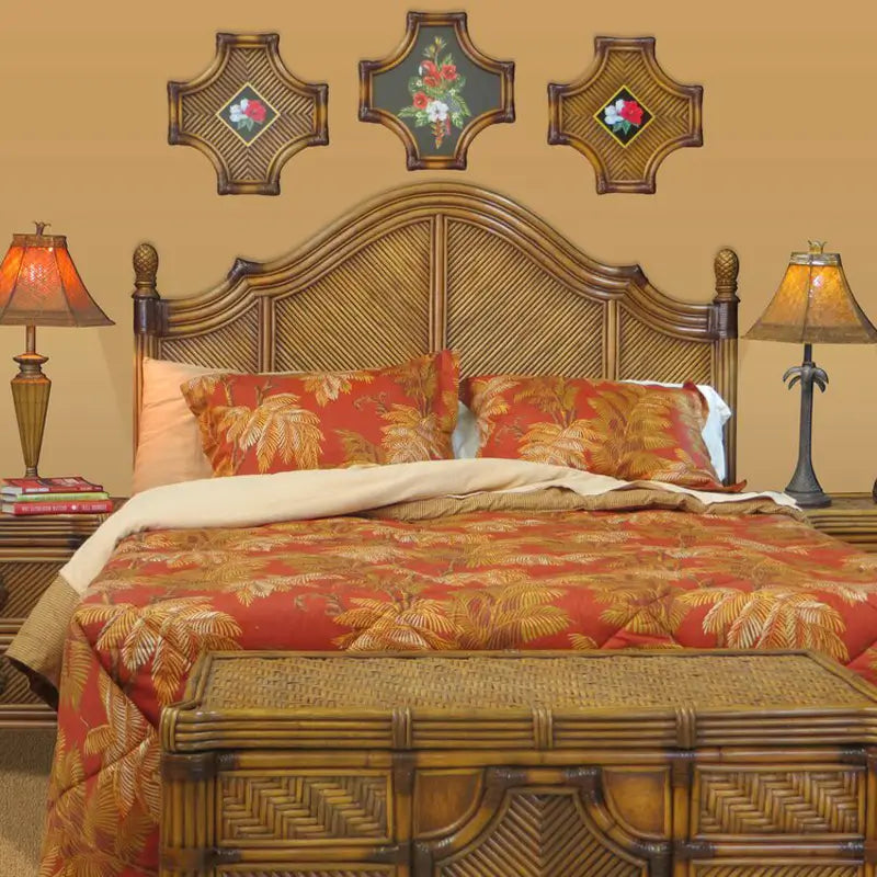 Antique Brownwash Coral Cove headboard with diagonal-woven panels between two matching night stands