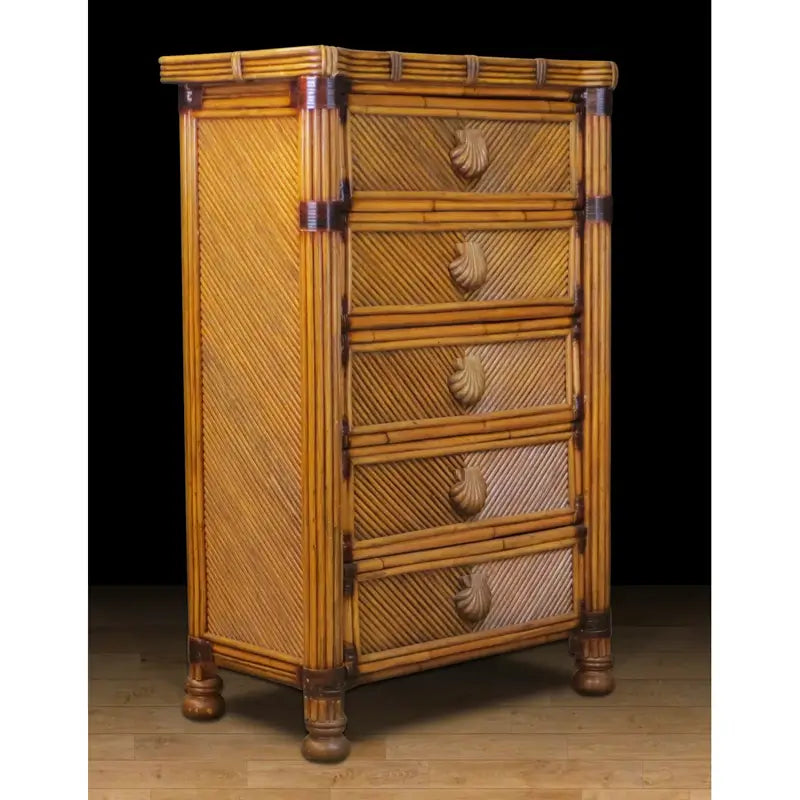 Angled view of a honey-brown woven dresser showing its diagonal-patterned side panel and round turned feet