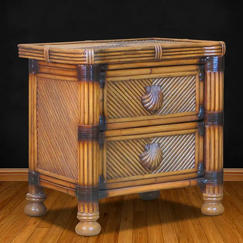 Antique brownwash night stand at an angle, showing the diagonal-woven side panel, pole frame and bun feet
