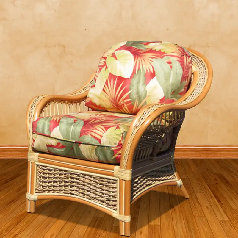 Islander arm chair in Natural with red and green tropical leaf cushions