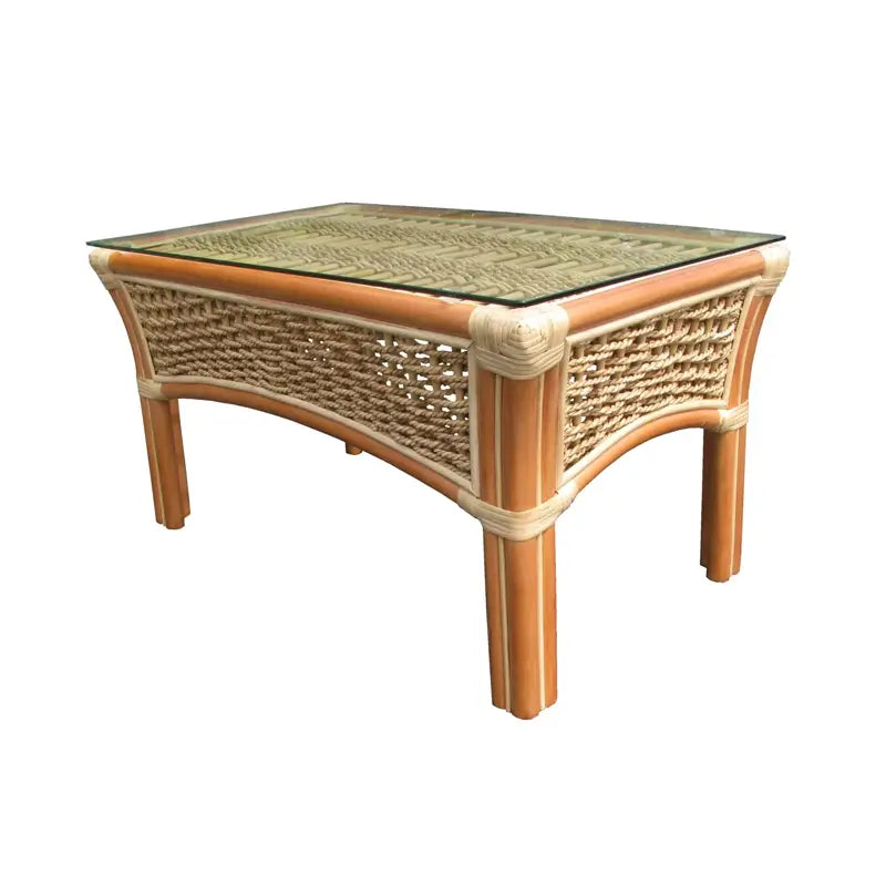 Islander coffee table in Natural with a glass top over a woven panel