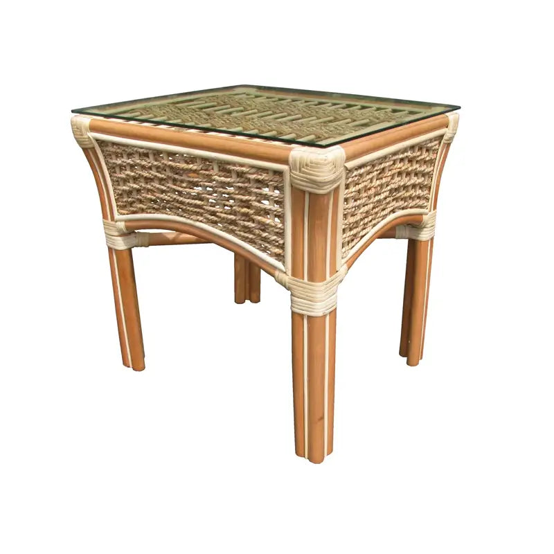 Islander end table in Natural with a glass top and woven side panels