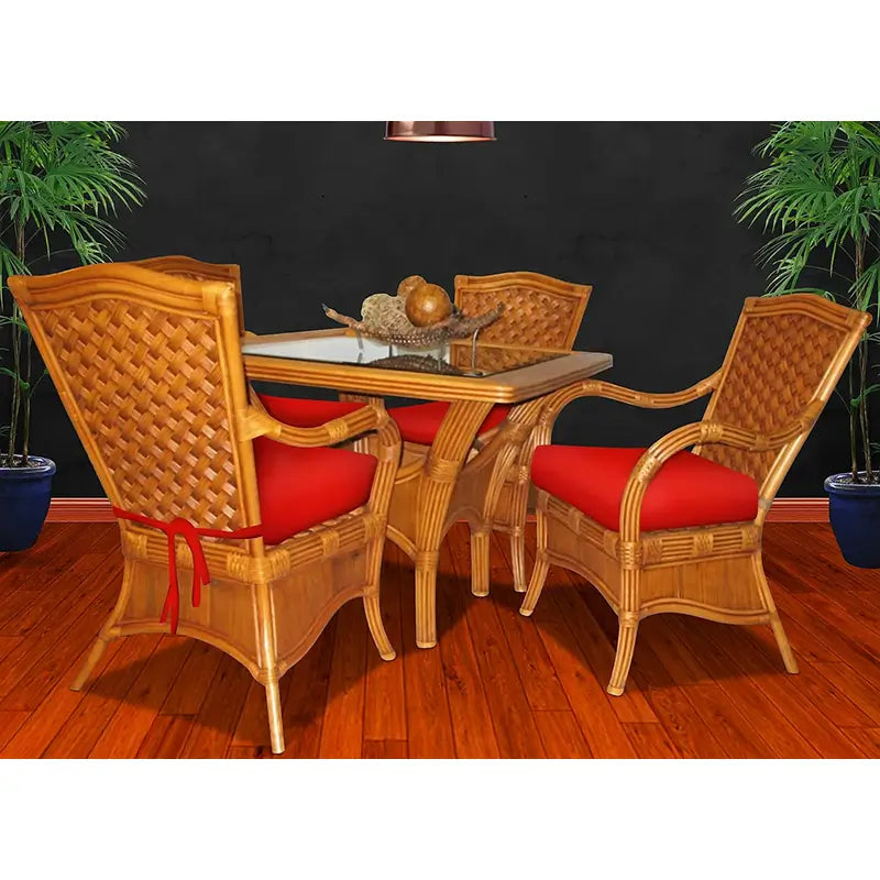 Kingston Reef brown wicker dining set in cinnamon: square glass top table and four arm chairs with red seat cushions