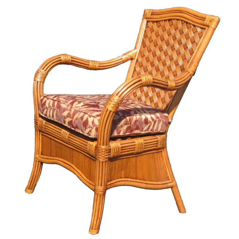 Kingston Reef brown wicker dining set in cinnamon: square glass top table and four arm chairs with red seat cushions