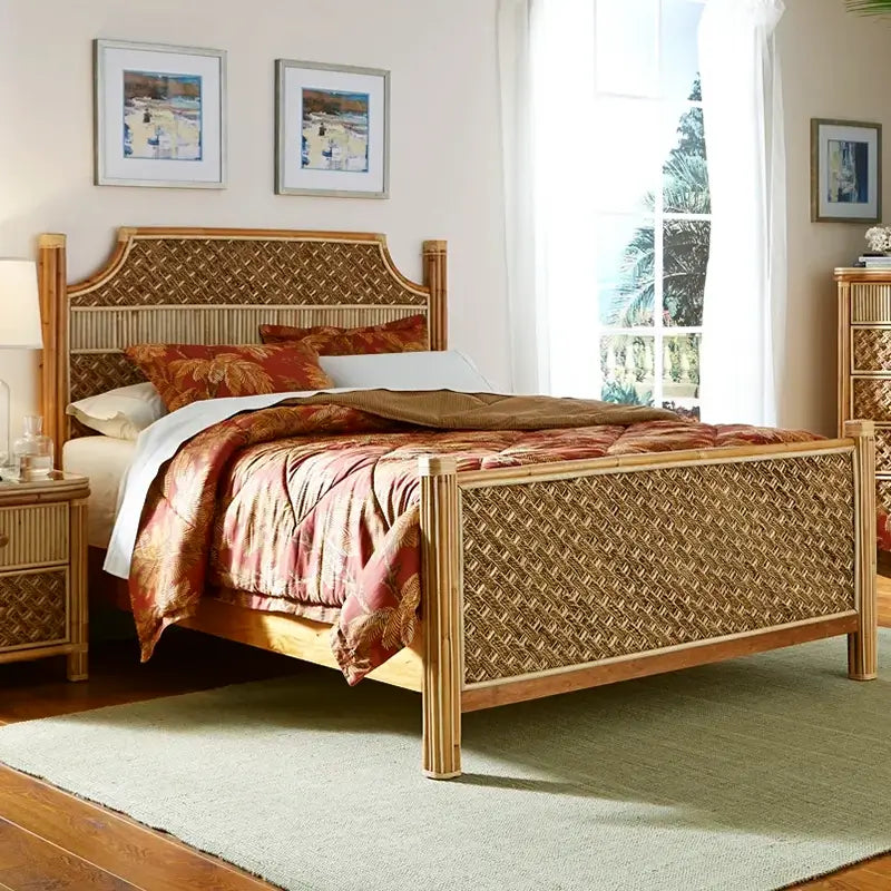 Rattan king headboard with diagonal banana bark rope weave, a band of rattan reeds and bundled rattan pole posts