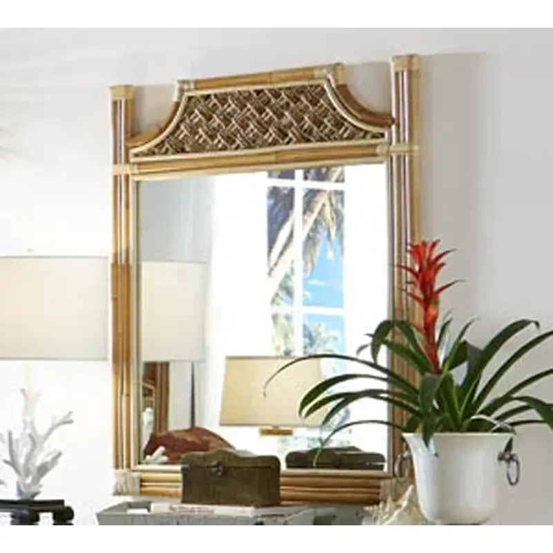 Mirror from the Mandalay queen bedroom set with a woven rope crest and rattan pole frame, hung above the dresser