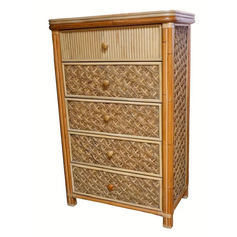 Tall rattan dresser with five drawers, lattice-woven rope fronts and round wooden knobs, seen at an angle