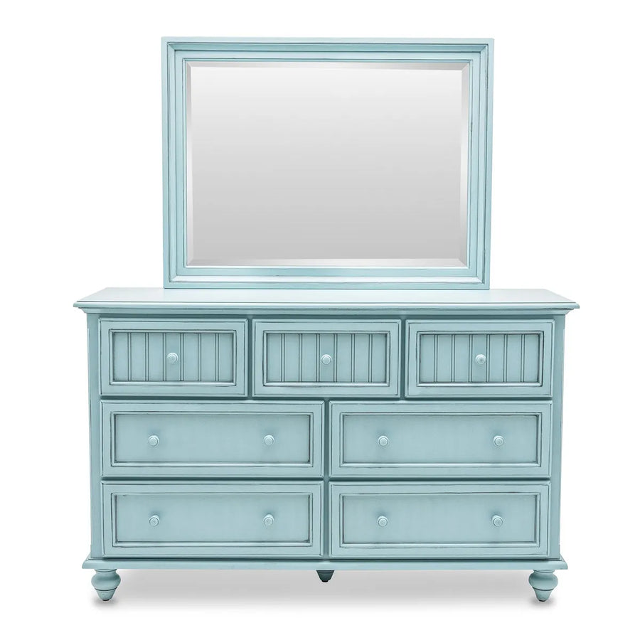 Monaco dresser in Bleu with the matching mirror turned sideways above it