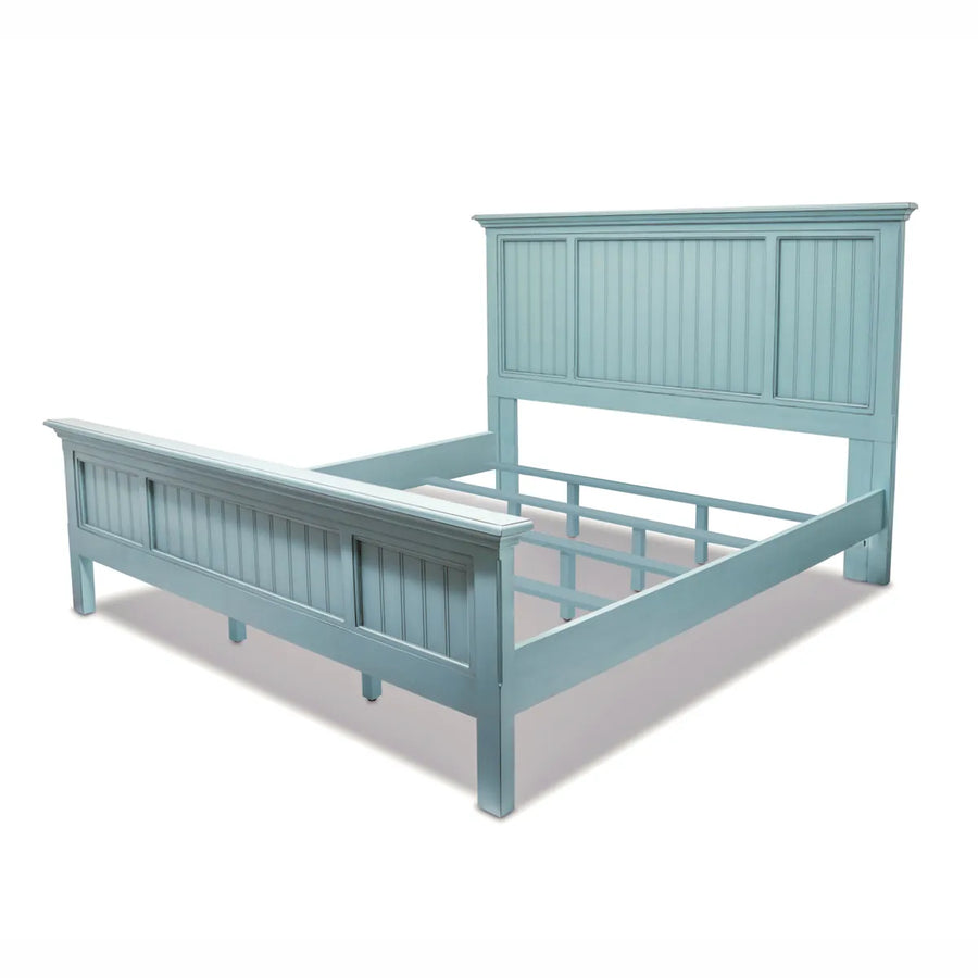 Monaco king bed frame in Bleu at an angle, showing the headboard, footboard, side rails and slats