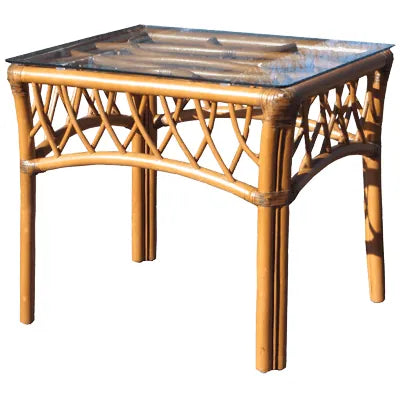 Montego Bay wicker end table in Cinnamon with a glass top and curved rattan fretwork on each side