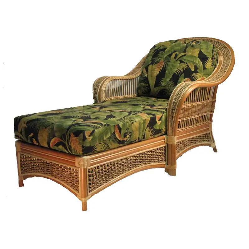 Natural rattan chaise lounge with black palm leaf seat and back cushions, rolled arms and woven base panels