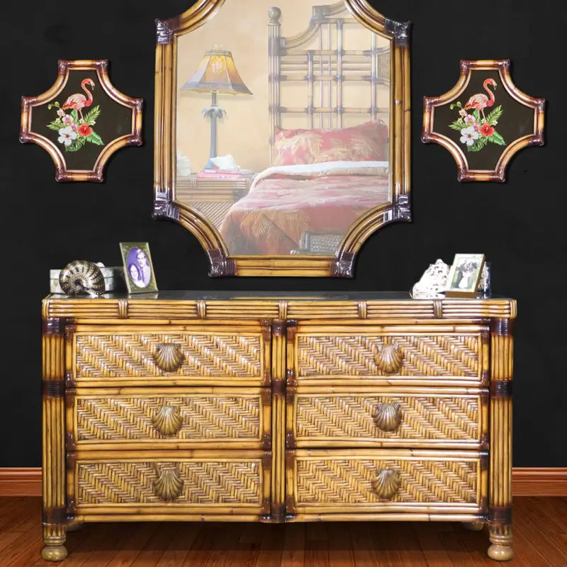Royal Palm lowboy dresser in Antique Brownwash with herringbone-woven drawers, shell pulls and a matching mirror above