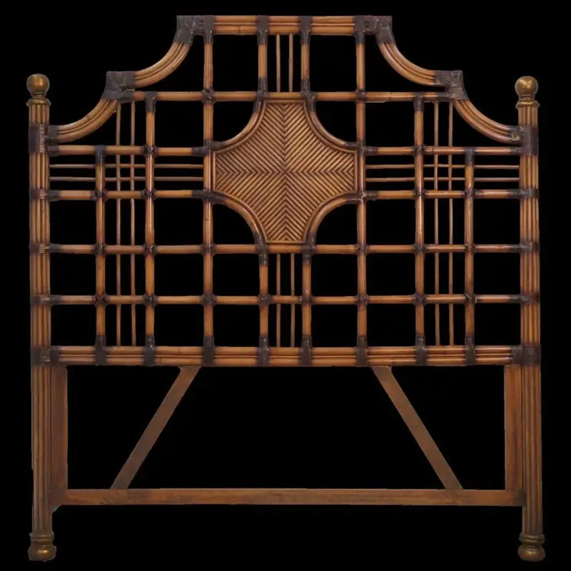 Tropical headboard in Antique Brownwash with an open pole lattice, woven center medallion and ball finials