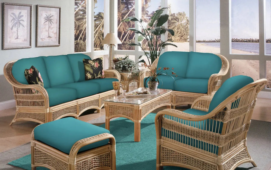 Spice Island seating in Natural with Caribbean Blue cushions in a room with tall windows