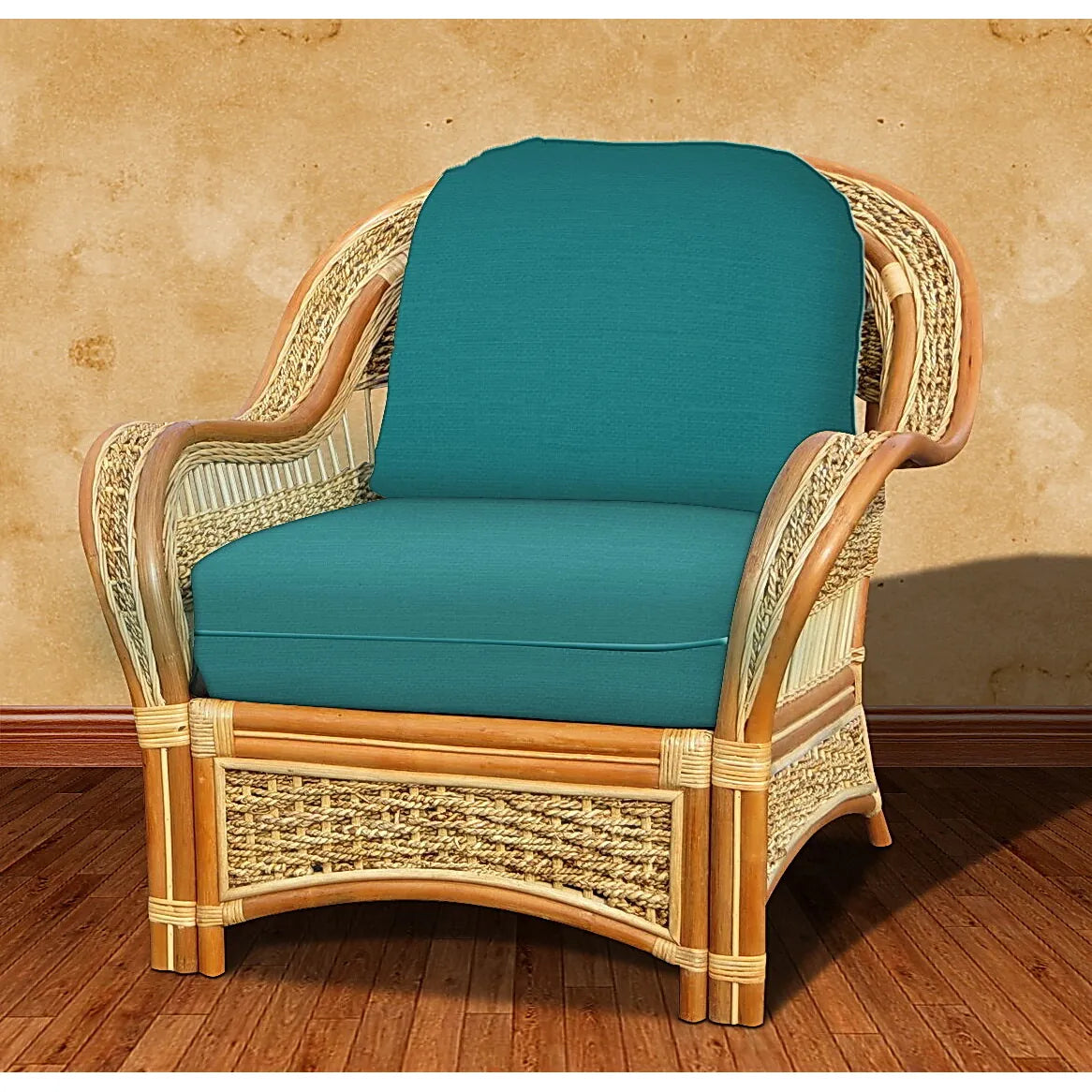 Spice Island arm chair in Natural with a solid teal cushion