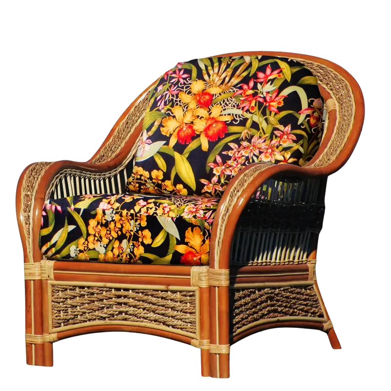 Spice Islands Wicker Spice Island Armchair Natural in a black tropical floral cushion fabric with orange and pink orchids, front angle view