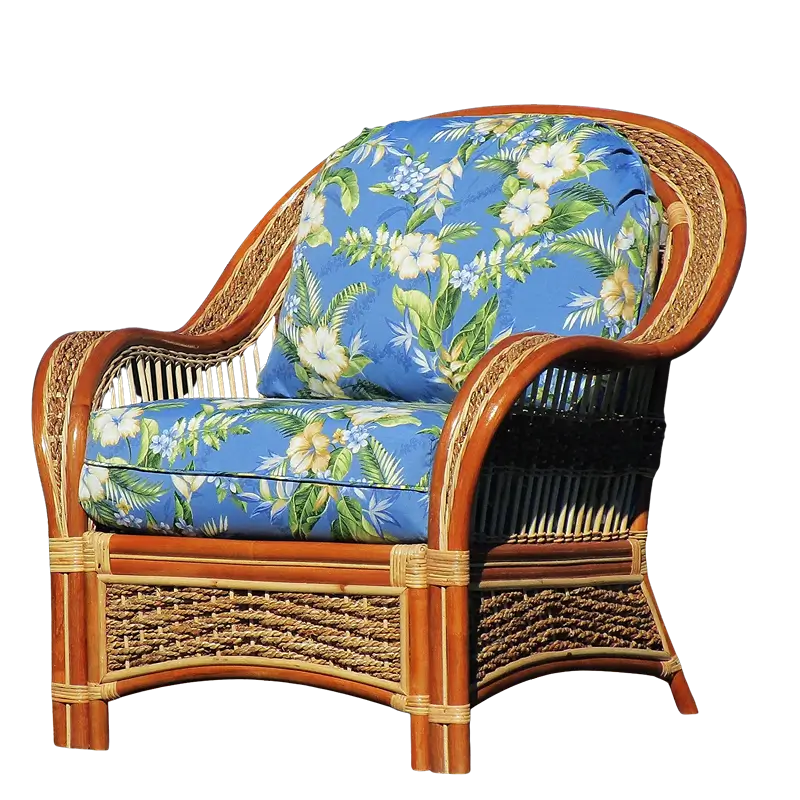 Spice Islands Wicker Spice Island Armchair Natural in a blue tropical floral cushion fabric with white hibiscus flowers, front angle view